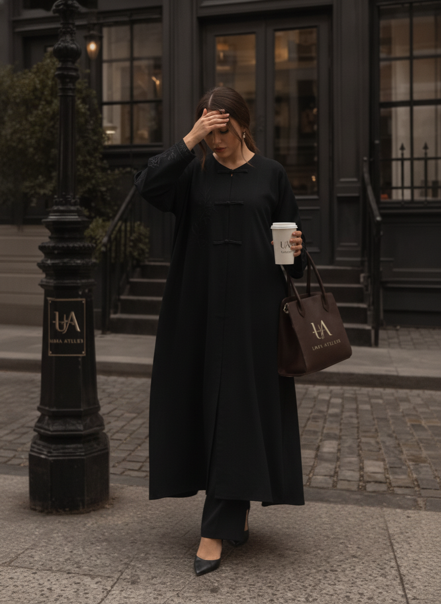 represent Black Embroidered Abaya with Tonal Frog-Knot Closu