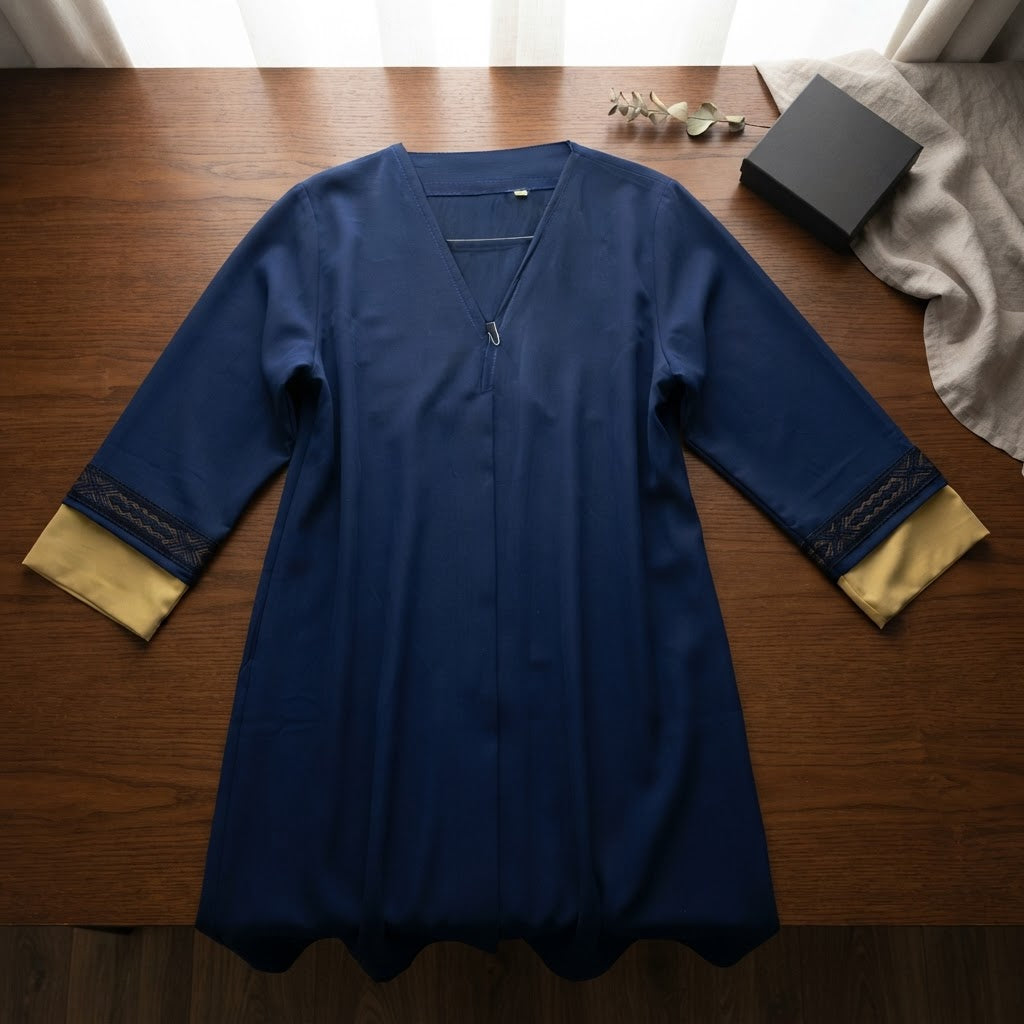 represent Navy Blue Floor-Length Abaya with Geometric Trim