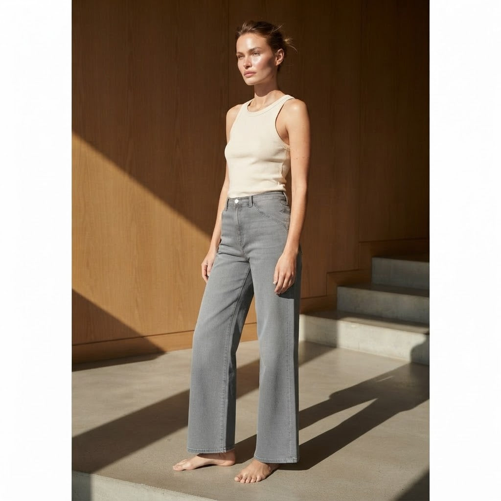 Mango Medium Grey Wide Leg Jeans with Curved Waistband