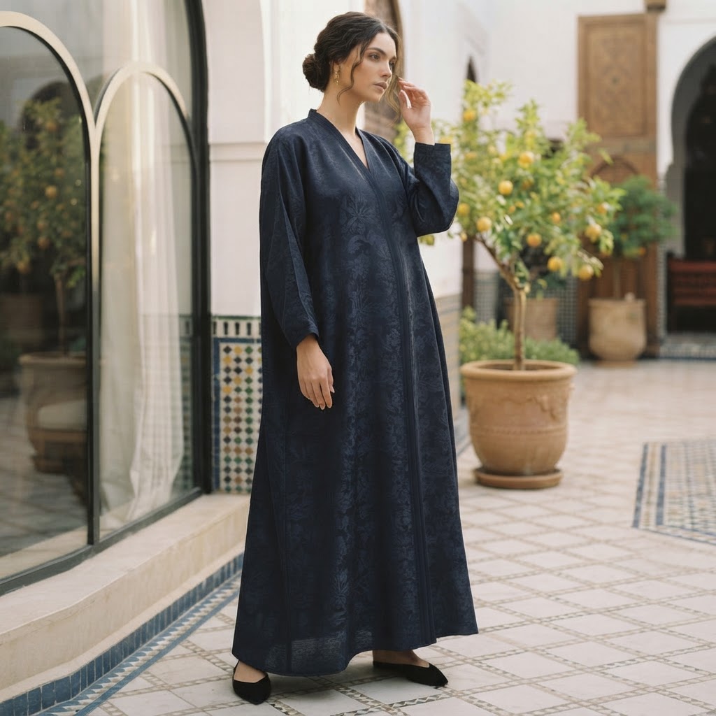 Al Wisham Al Aneeq Deep Navy Floral Jacquard A-Line Floor-Le