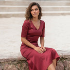 SWING Wine Red Satin Fit-and-Flare Midi Dress with Panelled