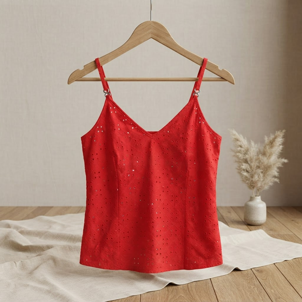 SHEIN Red SHEIN Broderie Anglaise V-Neck Spaghetti Strap Cam