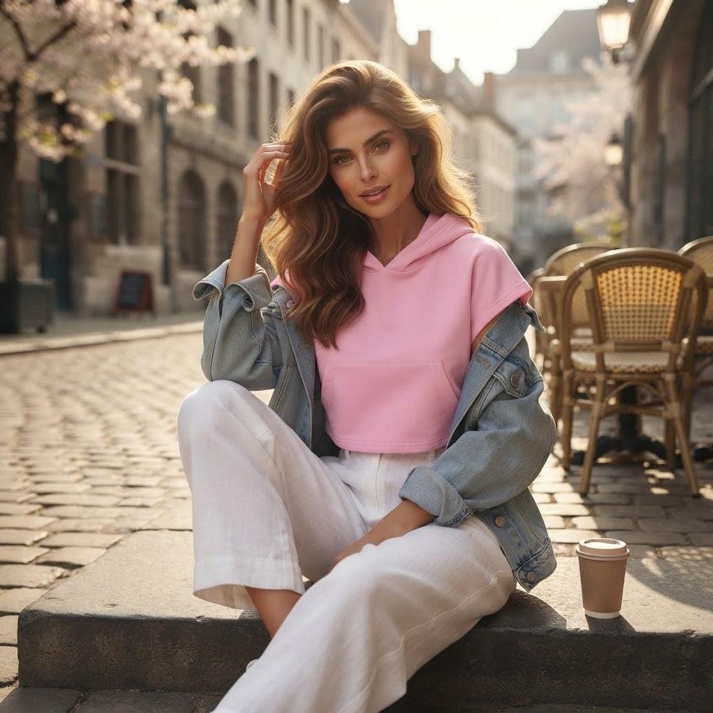 SHEIN SHEIN Bubblegum Pink Cropped Hooded Top with Kangaroo