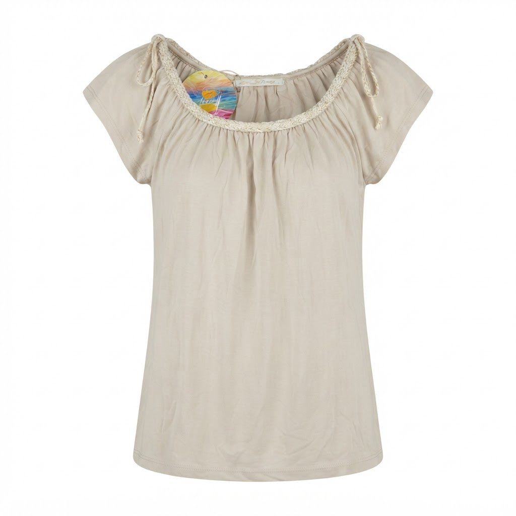 Love and Money Beige Gathered Neckline Top with Braided Meta