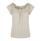 Love and Money Beige Gathered Neckline Top with Braided Meta