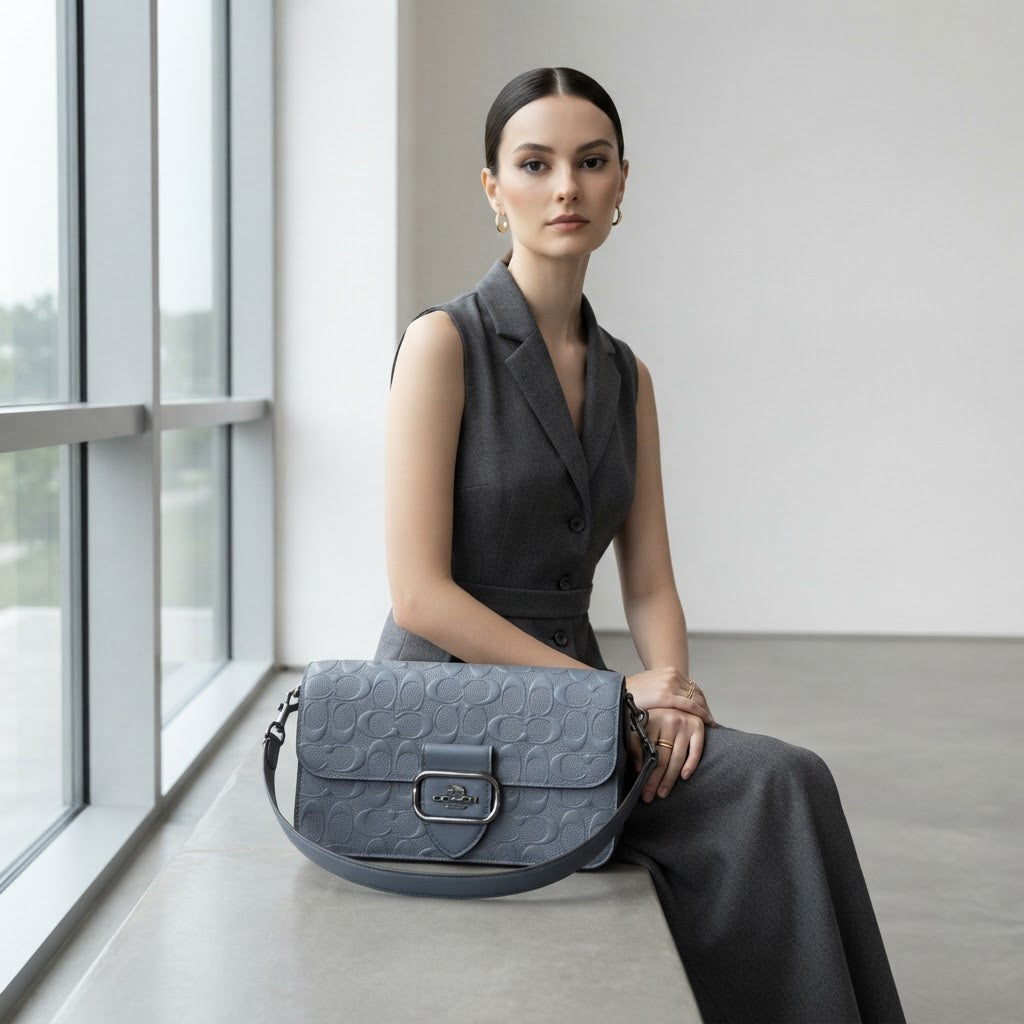 COACH NEW YORK Steel Blue Embossed Leather Shoulder Bag