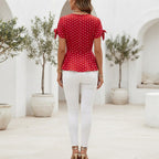 Women's Red Polka Dot Wrap Peplum Blouse