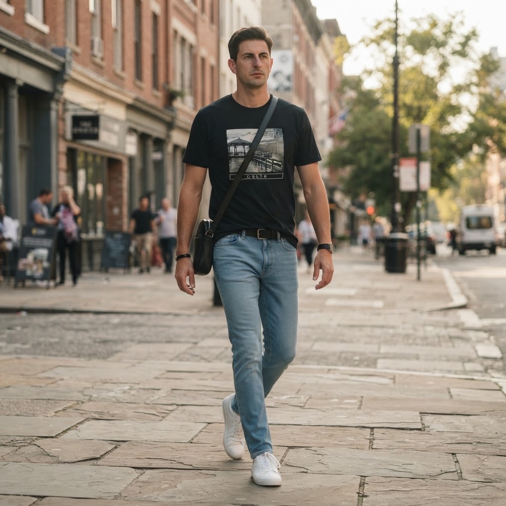 ONEYE Black ONEYE Graphic T-Shirt with Monochrome Pier Print