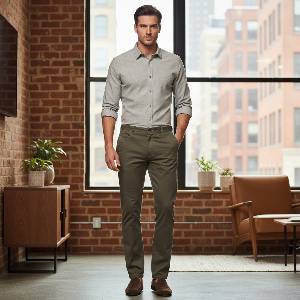 GIOMANI Men's Olive Green Straight-Leg Cotton Twill Trousers
