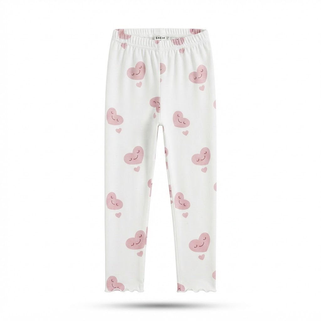 SHEIN White Ankle Leggings with Pink Kawaii Heart Print
