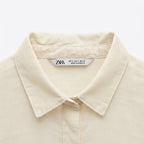 ZARA Women's Cream Linen-Blend Short Sleeve Button-Down Shir