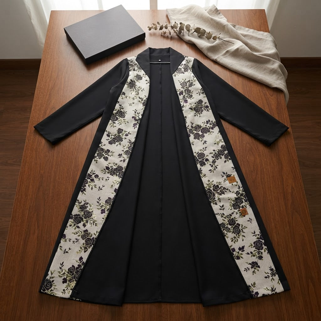UNIQUE ABAYA Unique Abaya Black & Gold Floral Jacquard Open-