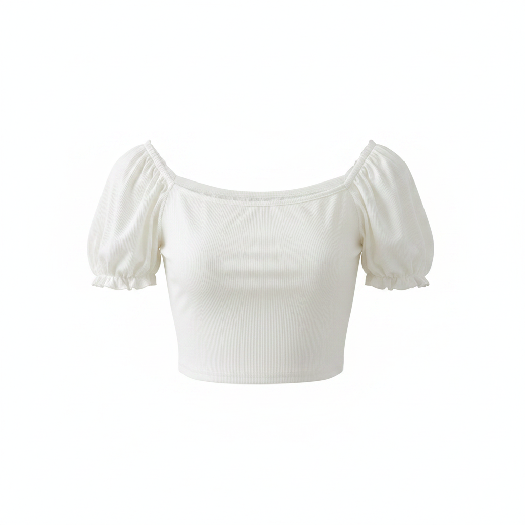 Women's White Ribbed Puff Sleeve Crop Top
