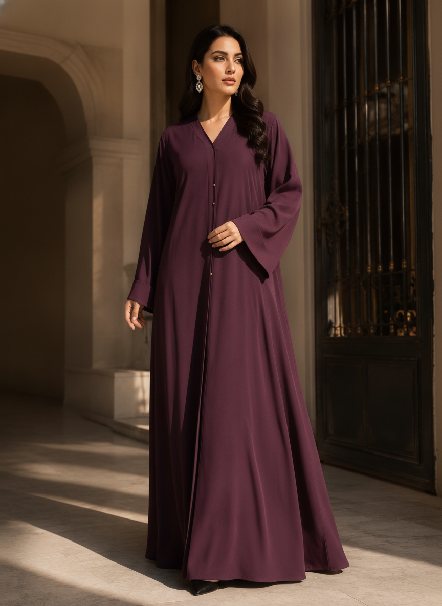 guess Deep Plum A-Line Abaya with Gold Fastening Details