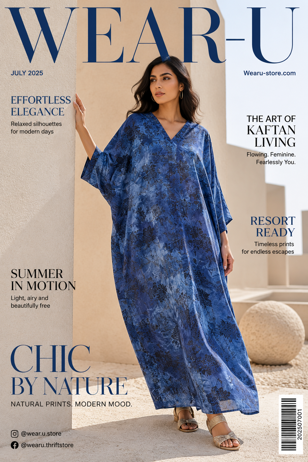 Women's Blue Floral Marbled Satin Ankle-Length Kaftan