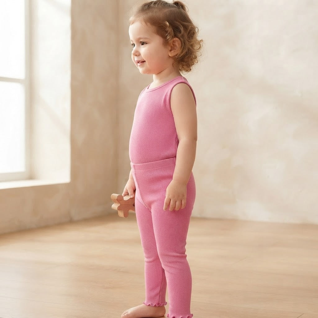 SHEIN Pink Ribbed Lettuce Hem Leggings - SHEIN 12-18M