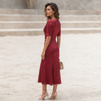 SWING Wine Red Satin Fit-and-Flare Midi Dress with Panelled