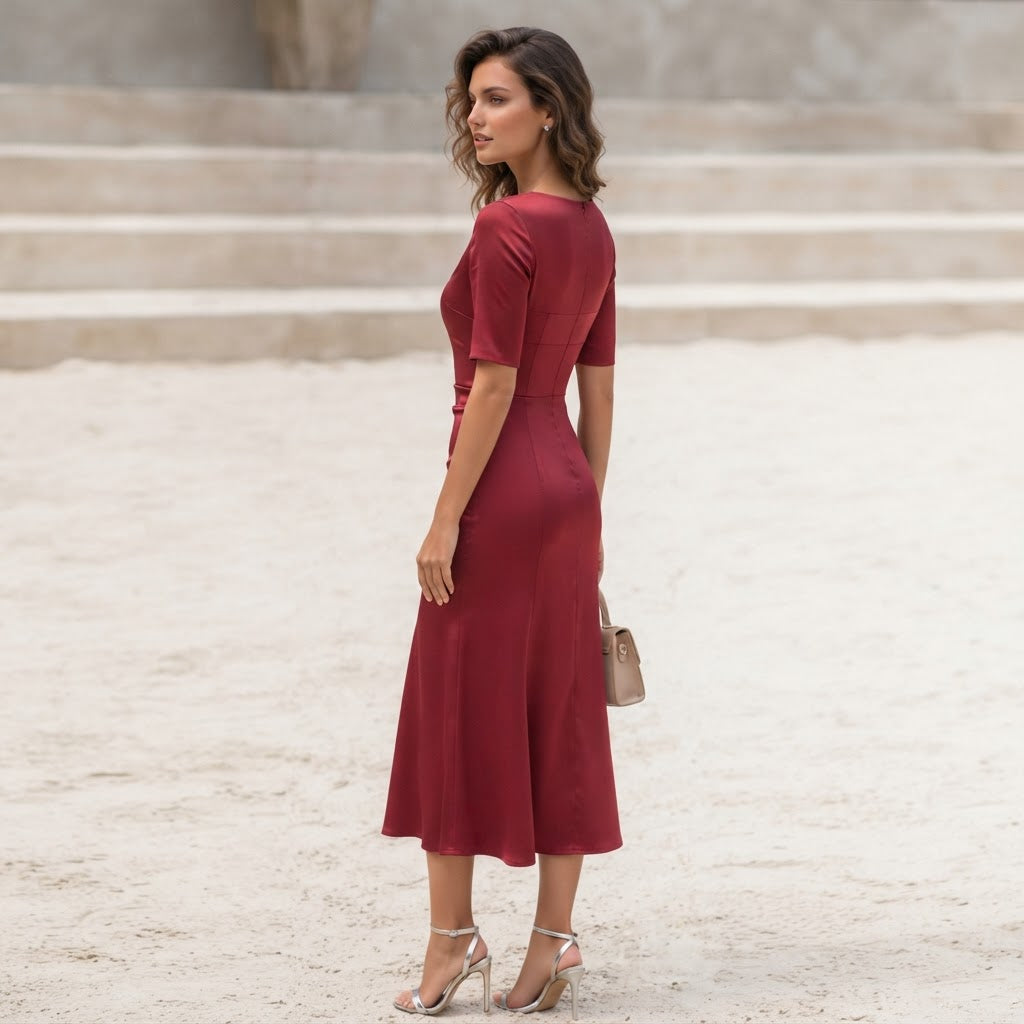 SWING Wine Red Satin Fit-and-Flare Midi Dress with Panelled