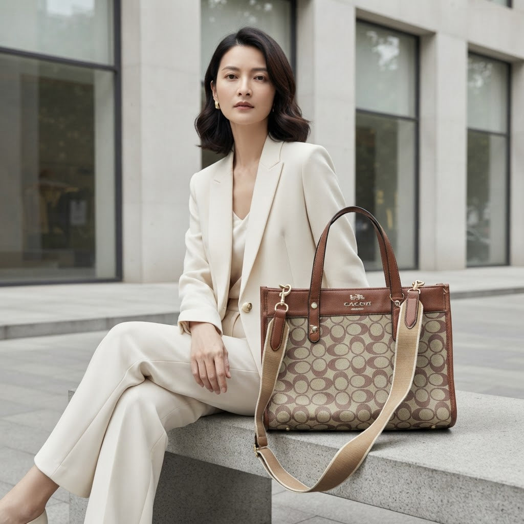 CACOH Brown Monogram Structured Tote Bag