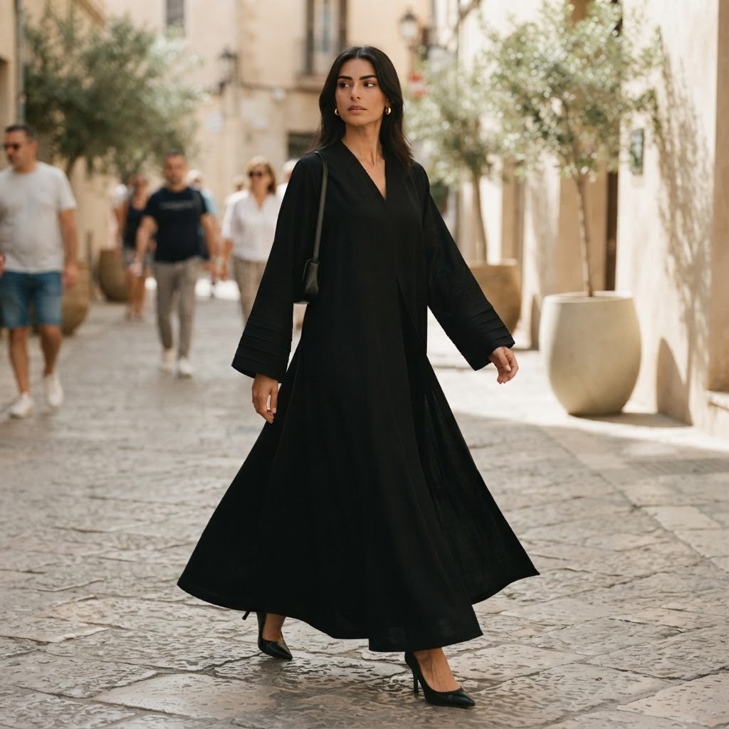 Cervo Black Open-Front Abaya with Structured Banded Cuffs
