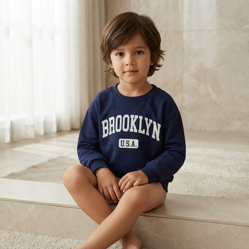 SHEIN Navy Blue Kids Brooklyn USA Graphic Crewneck Sweatshir
