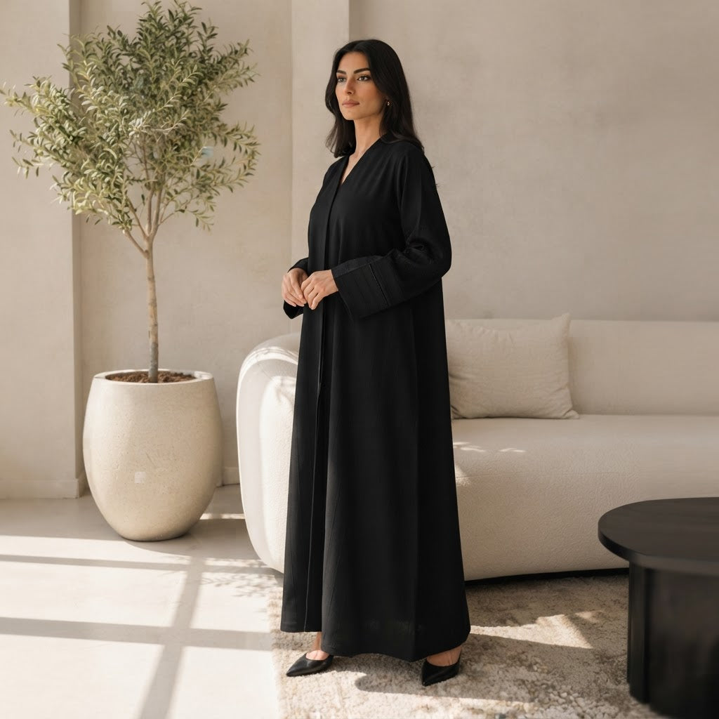 Cervo Black Open-Front Abaya with Structured Banded Cuffs