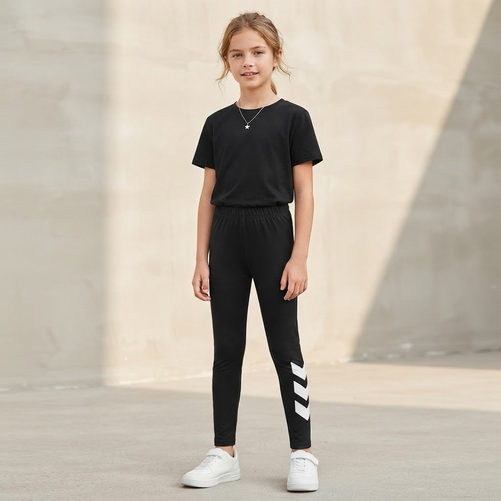 SHEIN Black Girls' Athletic Leggings with White Graphic Deta