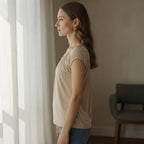 Love and Money Oatmeal Gathered Scoop Neck Top with Braided