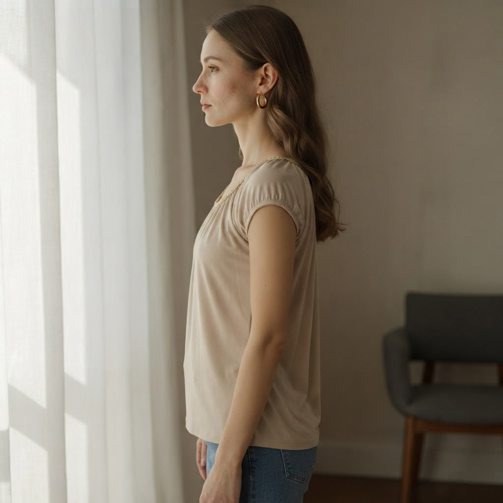 Love and Money Oatmeal Gathered Scoop Neck Top with Braided