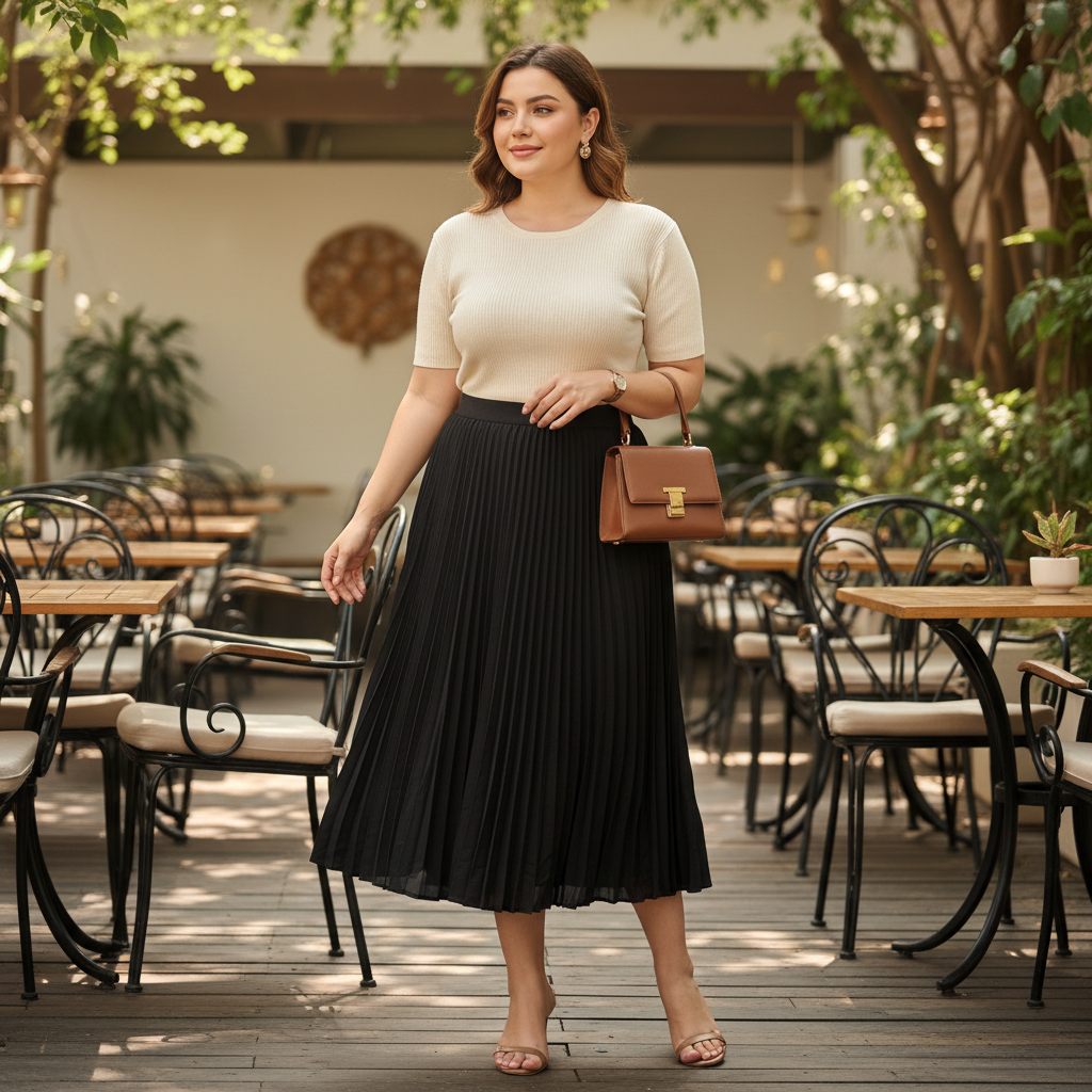 SHEIN Women's Black Pleated Midi Skirt with Elasticated Wais