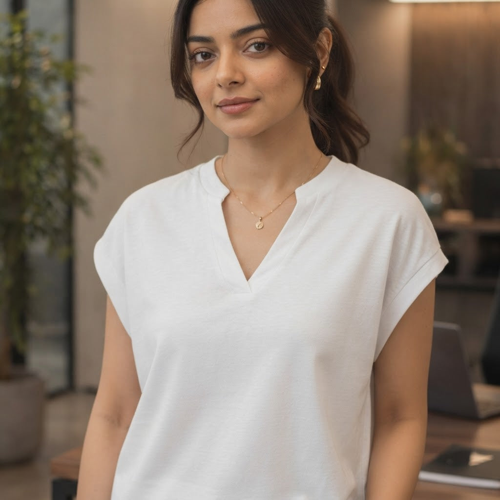 anko White Boxy Cap Sleeve V-Neck Cropped Top