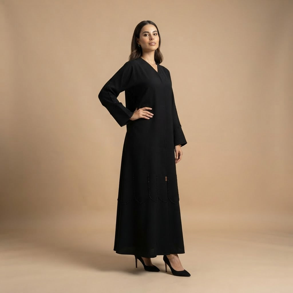 Elegant Black Beaded Polyester Abaya