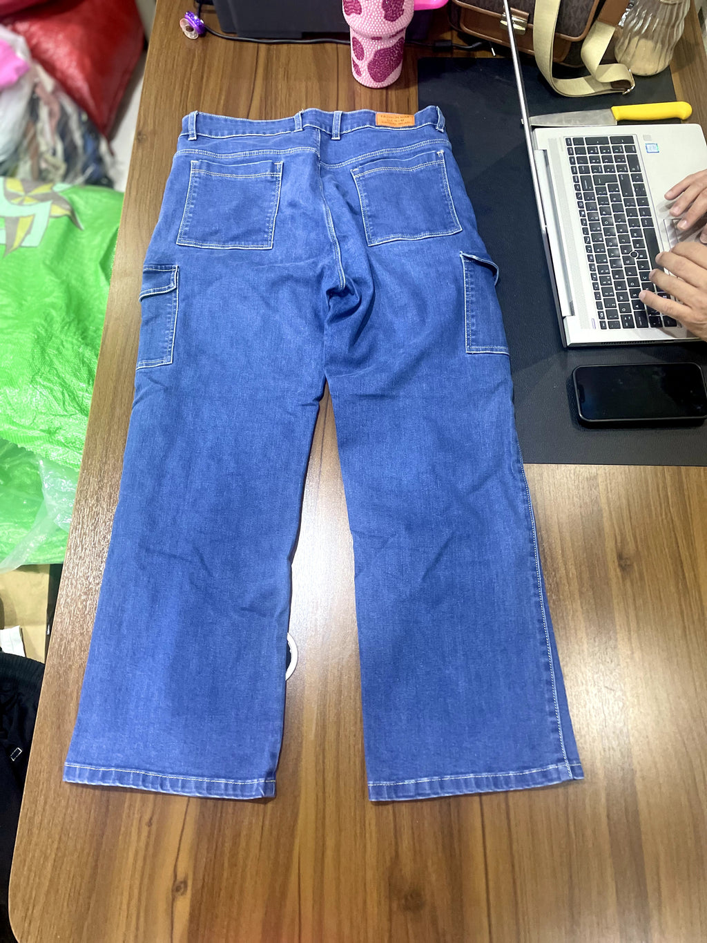 off-white Medium Blue Wide Leg Cargo Denim Jeans with Contra