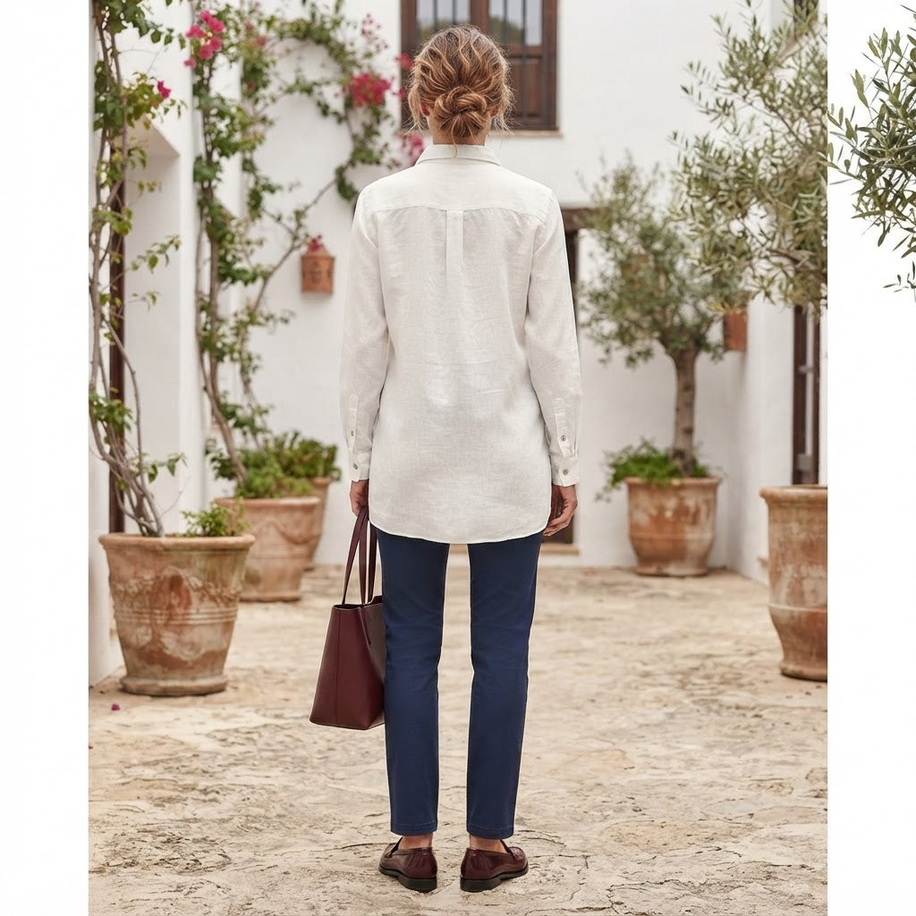 THE SHIRT FACTORY Women's White Long Sleeve Linen Button-Dow