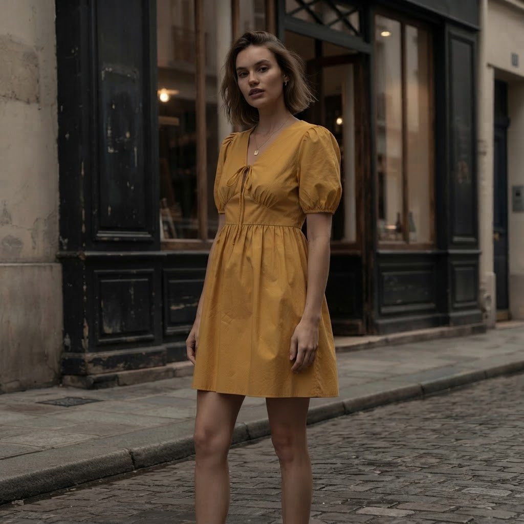 SHEIN Mustard Yellow Lace-Up Mini Baby-Doll Dress