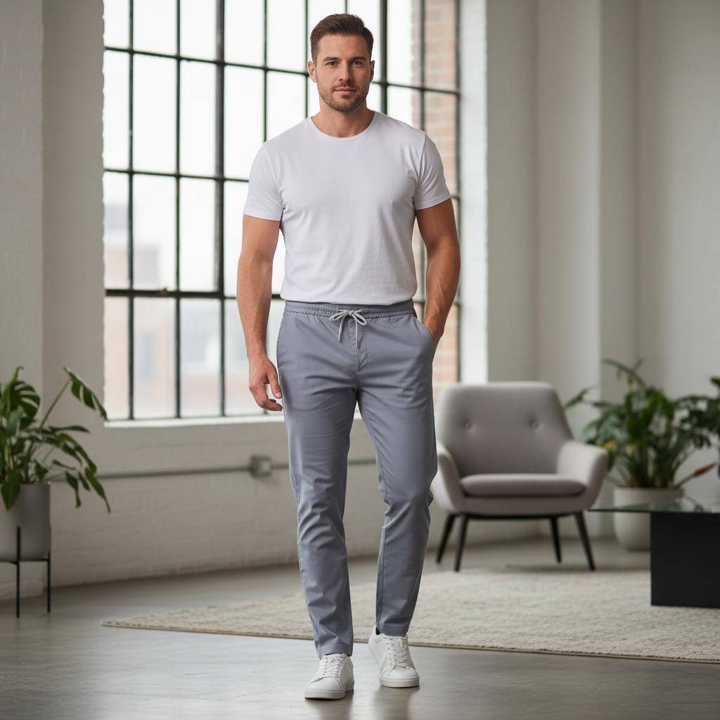 NEW WAY COLLECTION Men's Grey Elastic Waist Drawstring Trous