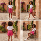 Magenta Textured Gauze Shorts with Elastic Waist