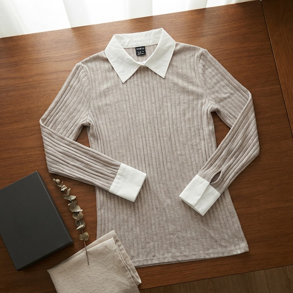 SHEIN Greige Ribbed Knit Pullover with Contrast White Collar