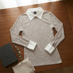 SHEIN Greige Ribbed Knit Pullover with Contrast White Collar