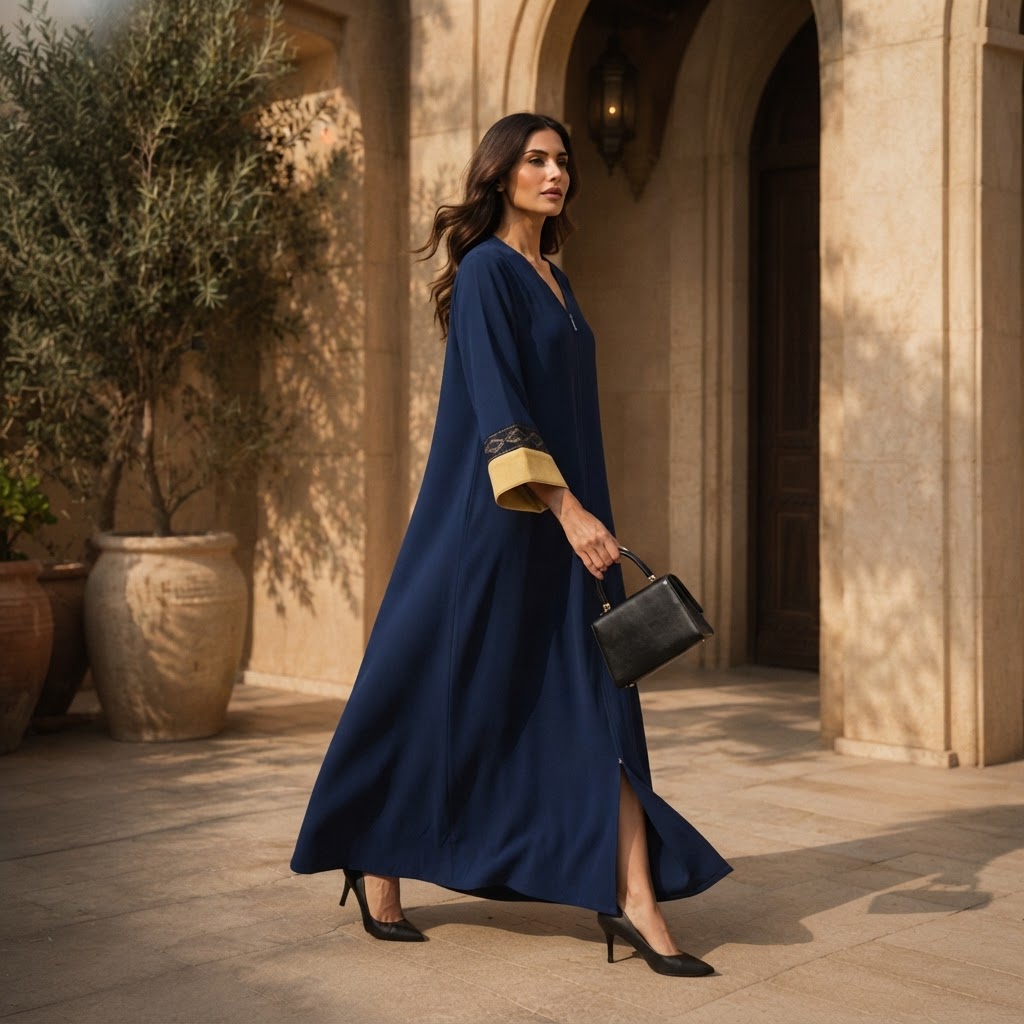 represent Navy Blue Floor-Length Abaya with Geometric Trim