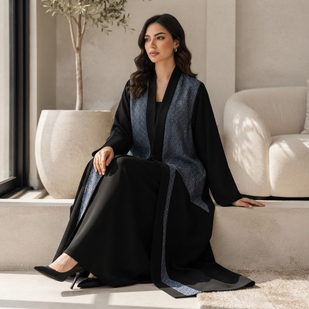 Black Open-Front Bisht Robe with Blue Jacquard Panels