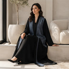 Black Open-Front Bisht Robe with Blue Jacquard Panels