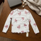 SHEIN White & Pink Heart Print Long-Sleeve Lettuce-Edge Top