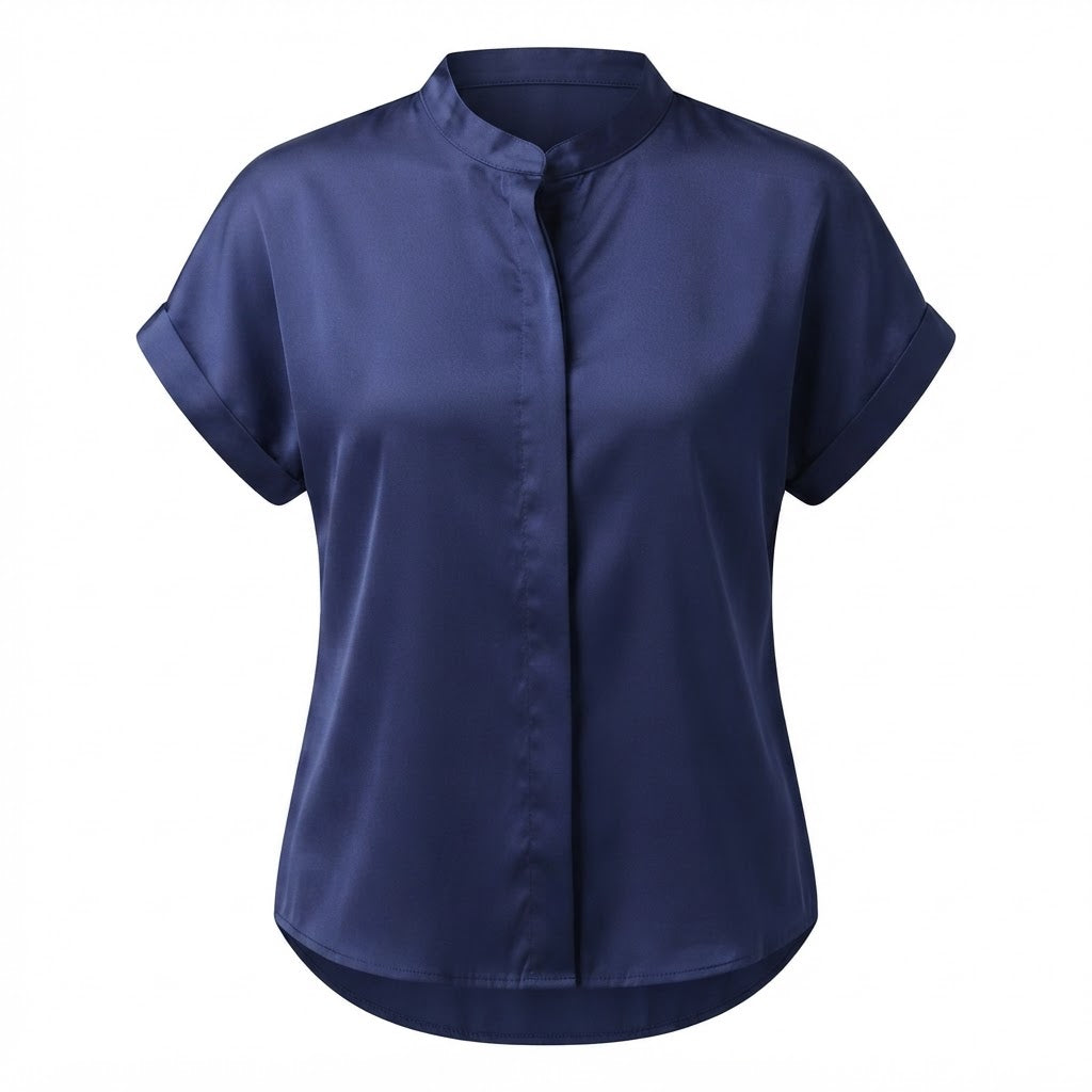 SHEIN Women's Navy navy Satin Mandarin Collar Blouse
