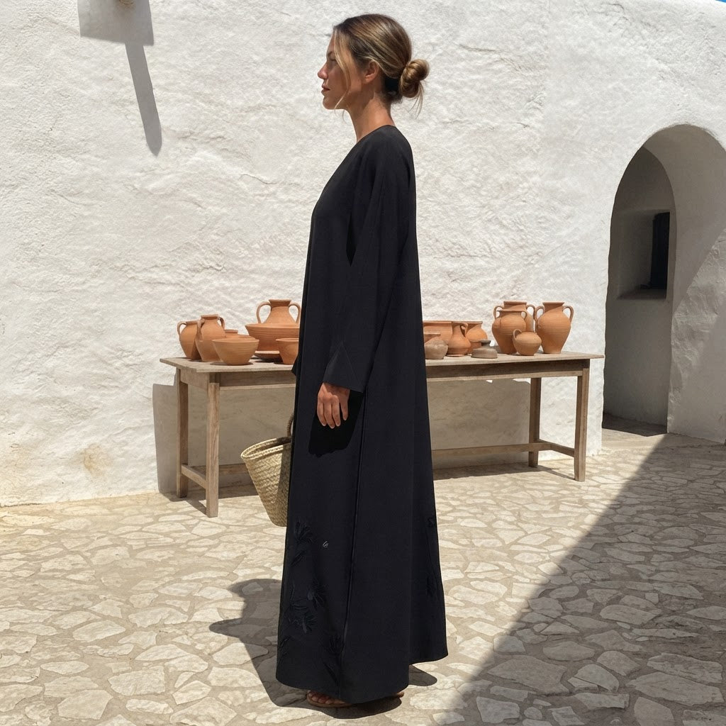 Black Floral Embroidered Abaya with Pointed Cuffs
