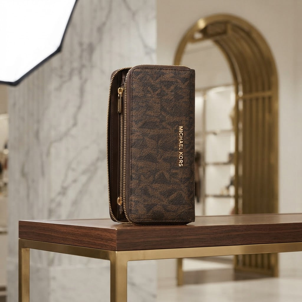 [WearU Generated:campaign_2] Michael Kors Dark Brown Monogram Rectangular Zip-Around Wallet – detail view