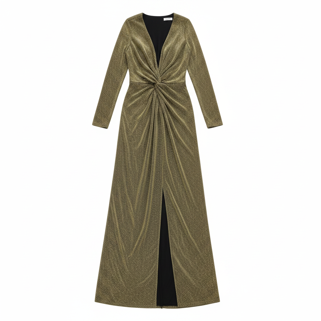 Women's Gold Metallic Lurex V-Neck Maxi Dress