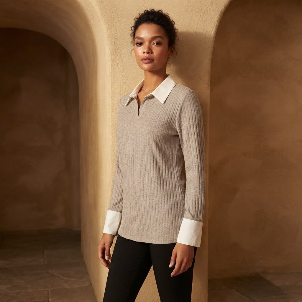 SHEIN Greige Ribbed Knit Pullover with Contrast White Collar