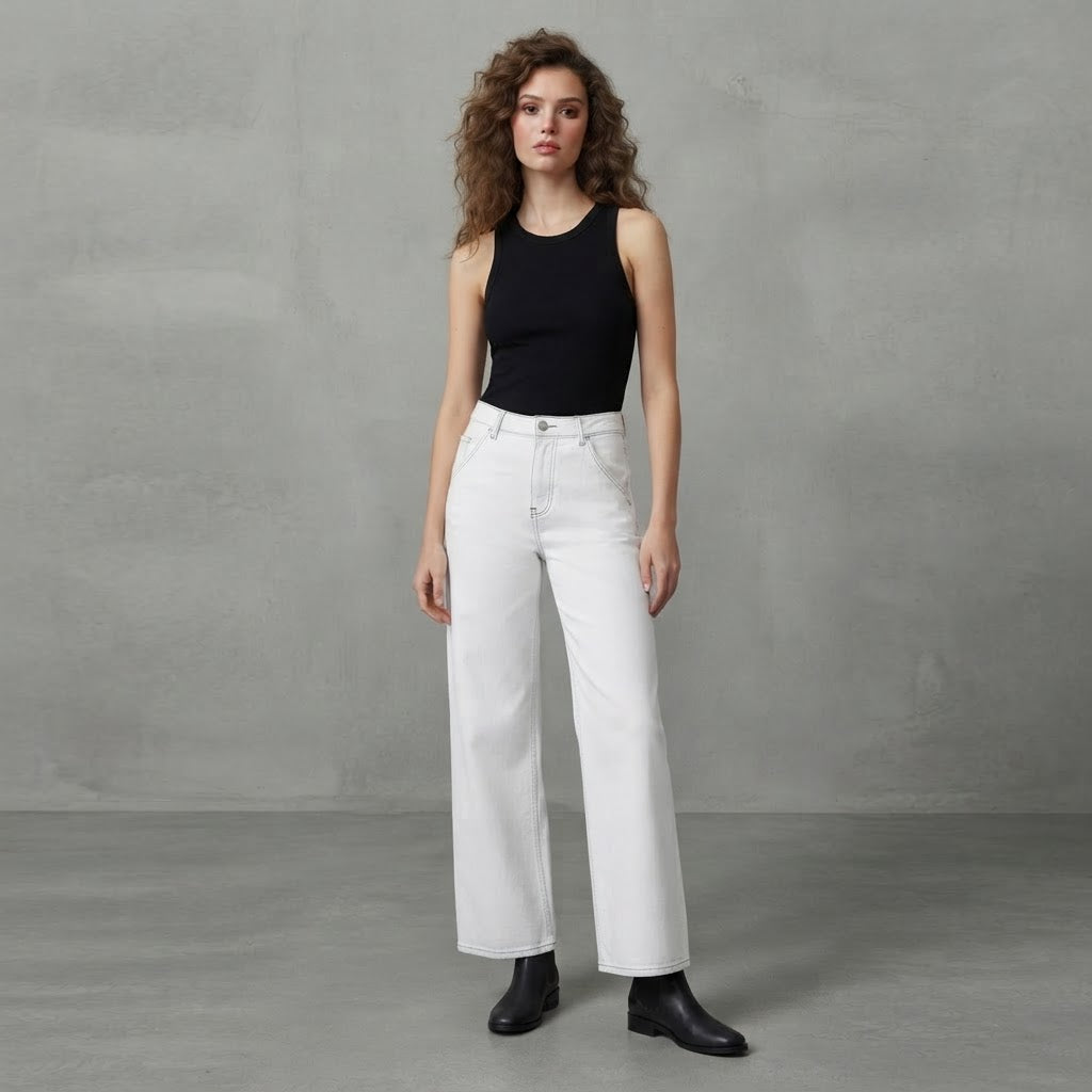 Conbipel White Wide Leg Stretch Jeans with Contrast Stitchin