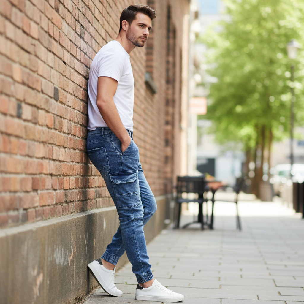 Livergy Men's Acid Wash Denim Cargo Joggers - Light Blue